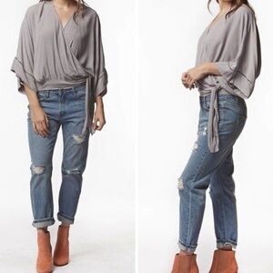 NWT PPLA Leanne Woven Gray Wrap‎ Blouse Size Small 
Kimono Sleeves